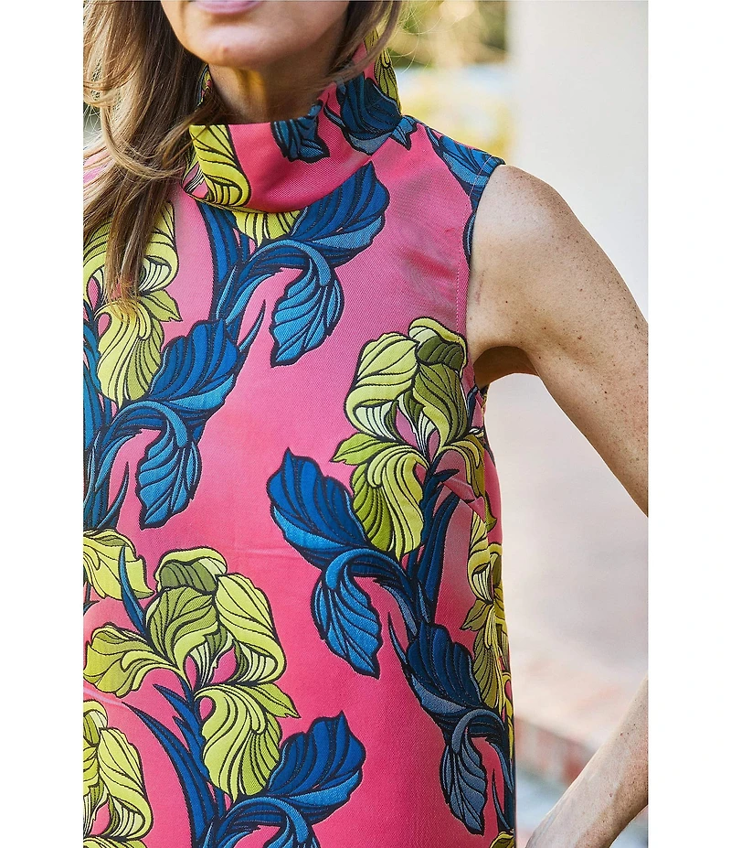 Buru Mod Jacquard Coral Iris Print Mock Neck Sleeveless Shift Maxi Dress