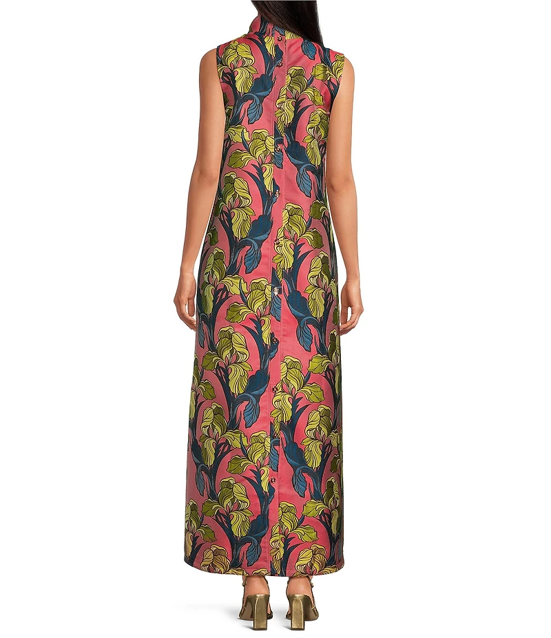 Buru Mod Jacquard Coral Iris Print Mock Neck Sleeveless Shift Maxi Dress