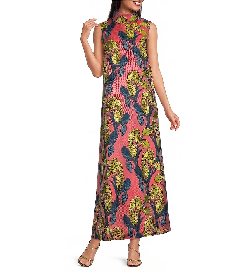 Buru Mod Jacquard Coral Iris Print Mock Neck Sleeveless Shift Maxi Dress