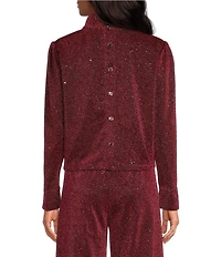Buru Mod Woven Metallic Mock Neck Long Puffed Sleeve Cropped Coordinating Top