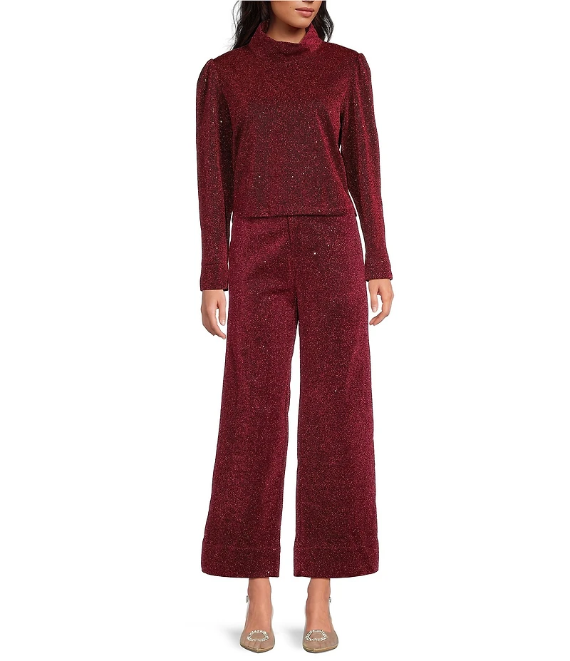 Buru Mod Woven Metallic Mock Neck Long Puffed Sleeve Cropped Coordinating Top