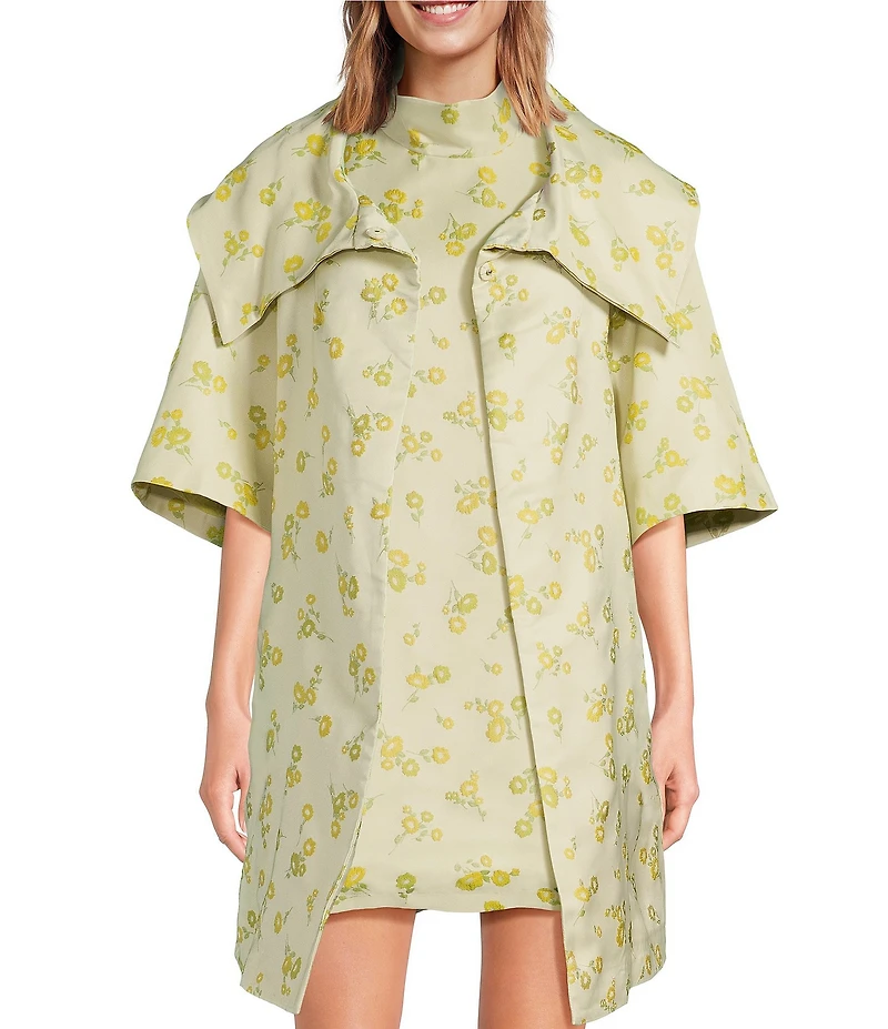 Buru Oversized Point Collar 3/4 Sleeve Side Pocket Floral Car Coat