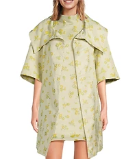 Buru Oversized Point Collar 3/4 Sleeve Side Pocket Floral Car Coat