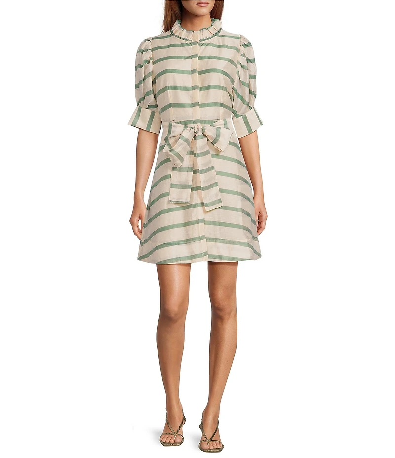 Buru Puff Sleeve Banded Ruffle Collar A-Line Mini Dress