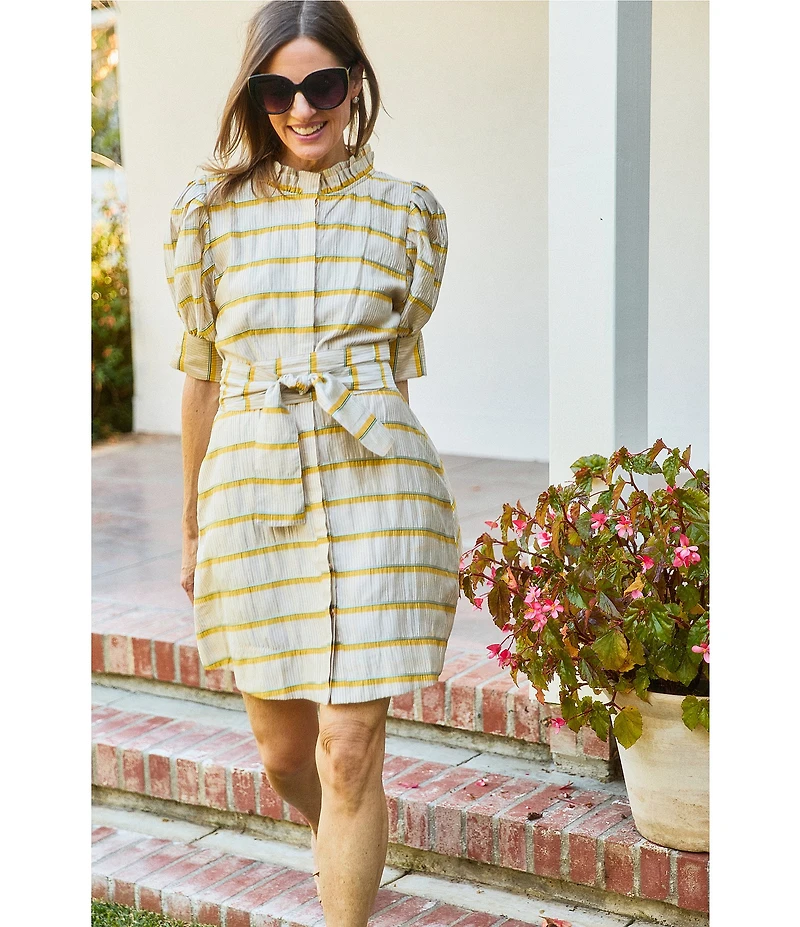 Buru Puff Sleeve Banded Ruffle Collar A-Line Mini Dress