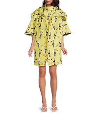 Buru Toucan Print Oversized Point Collar 3/4 Sleeve Side Pocket Car Coat