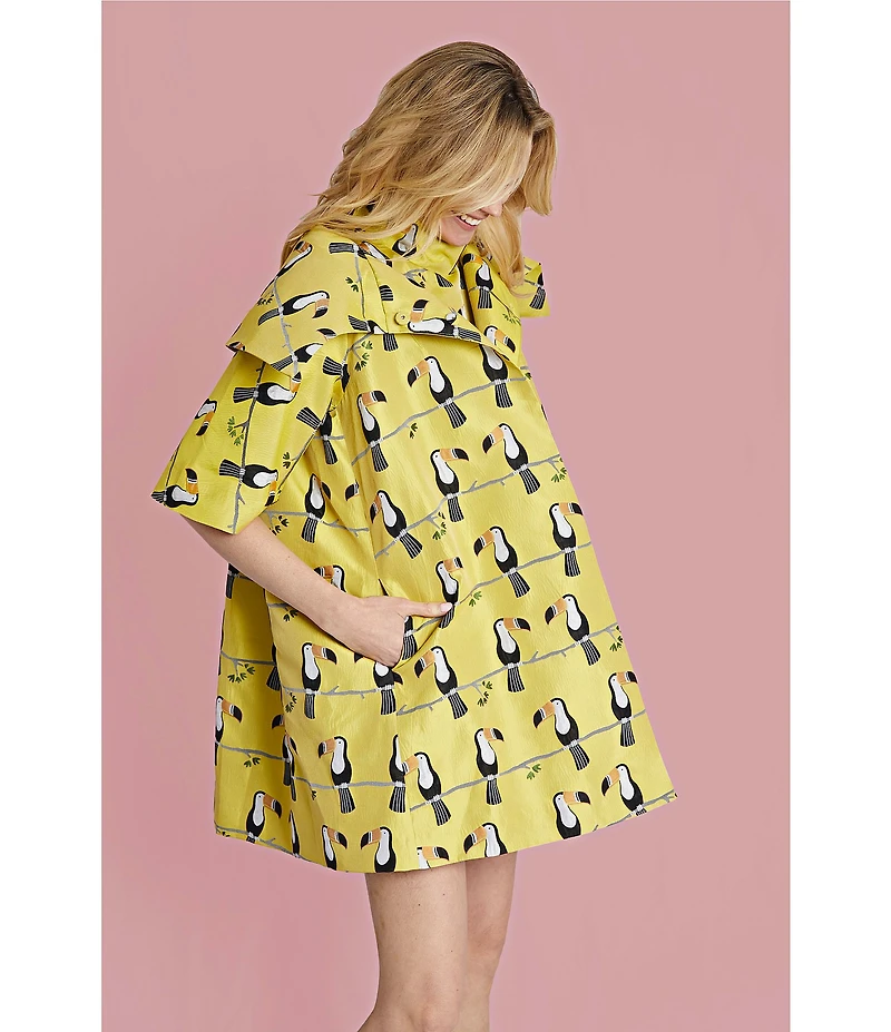 Buru Toucan Print Oversized Point Collar 3/4 Sleeve Side Pocket Car Coat