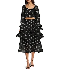 Buru Woven Brocade Floral Print Sweetheart Neck Long Balloon Sleeve Smocked Keyhole Back Cropped Coordinating Bustier Top