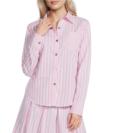 Buru Woven Button Down Point Collar Striped Long Sleeve Shirt