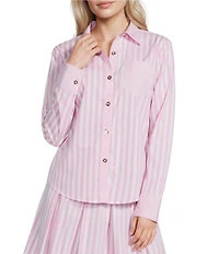 Buru Woven Button Down Point Collar Striped Long Sleeve Shirt