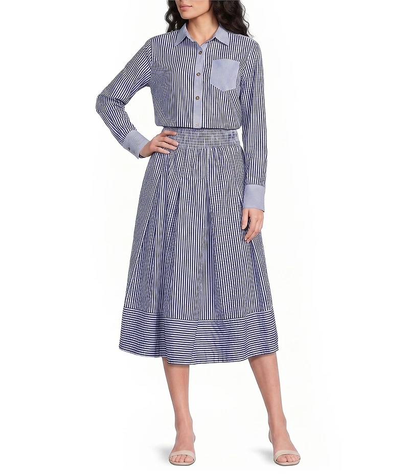Buru Woven Striped Woven Button Down Long Sleeve Shirt