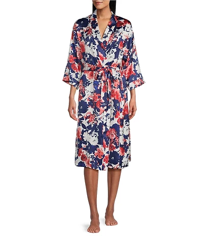 Cabernet Brush Floral Satin 3/4 Sleeve Coordinating Wrap Robe