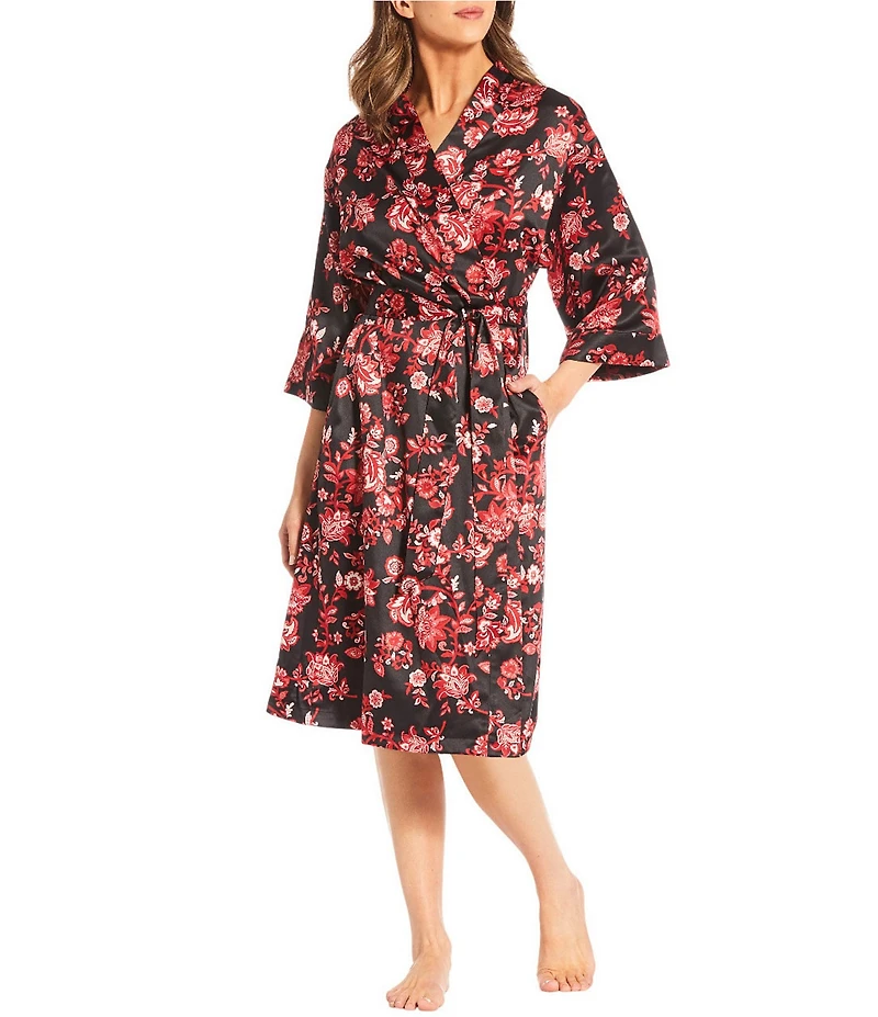 Cabernet Damask Print Satin Tie Waist Short Wrap Robe