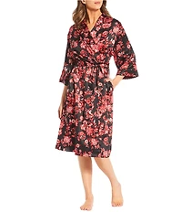 Cabernet Damask Print Satin Tie Waist Short Wrap Robe