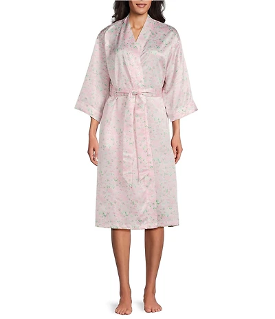 Cabernet Floral Print 3/4 Sleeve Woven Satin Coordinating Short Robe