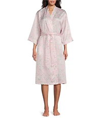 Cabernet Floral Print 3/4 Sleeve Woven Satin Coordinating Short Robe