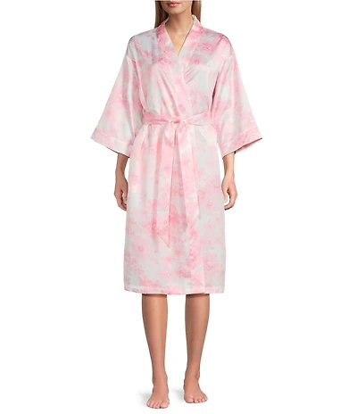 Cabernet Floral Print 3/4 Sleeve Woven Satin Coordinating Short Robe