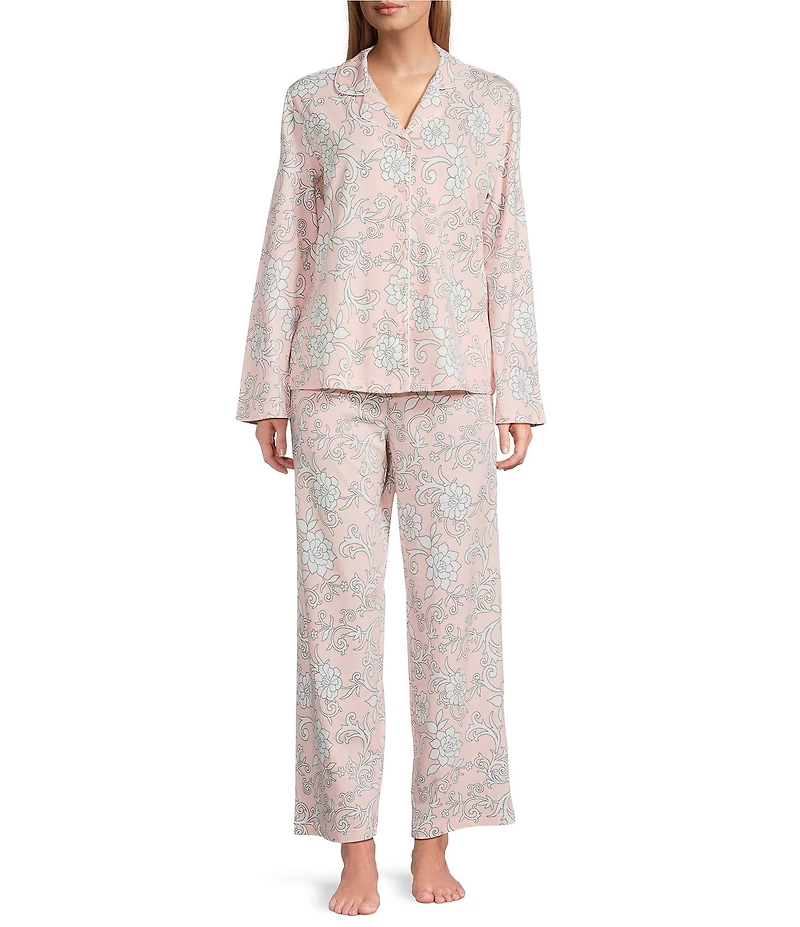 Cabernet Floral Print Long Sleeve Notch Collar Coordinating Long Knit Pajama Set
