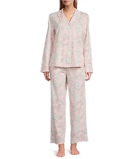 Cabernet Floral Print Long Sleeve Notch Collar Coordinating Long Knit Pajama Set