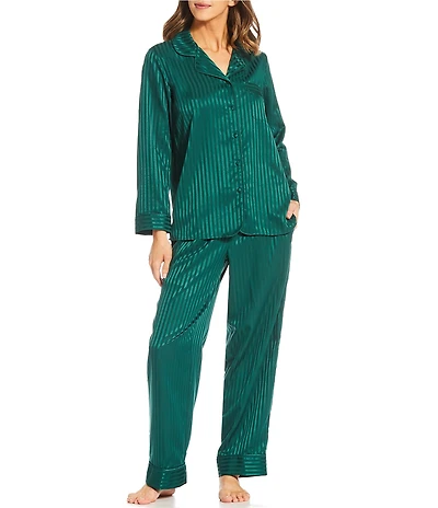 Cabernet Jacquard Stripe Woven Satin Notch Collar Long Sleeve Pant Pajama Set