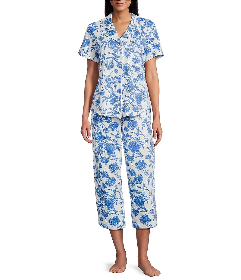 Cabernet Knit Bird Toile Print Short Sleeve Notch Collar & Pant Pajama Set