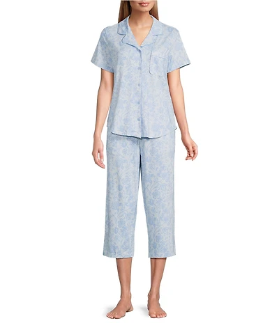 Cabernet Knit Floral Print Short Sleeve Notch Collar & Pant Pajama Set