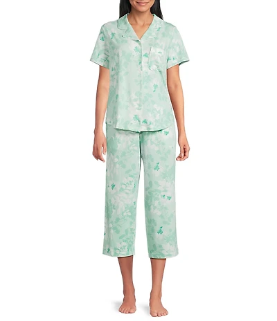 Cabernet Knit Floral Print Short Sleeve Notch Collar & Pant Pajama Set