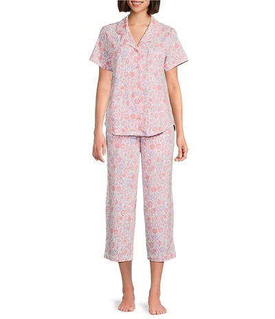 Cabernet Knit Jacobean Print Short Sleeve Notch Collar & Pant Pajama Set