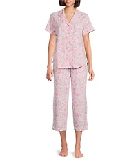 Cabernet Knit Jacobean Print Short Sleeve Notch Collar & Pant Pajama Set