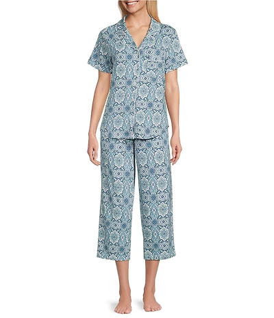 Cabernet Knit Tile Print Short Sleeve Notch Collar & Pant Pajama Set