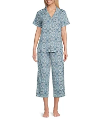 Cabernet Knit Tile Print Short Sleeve Notch Collar & Pant Pajama Set