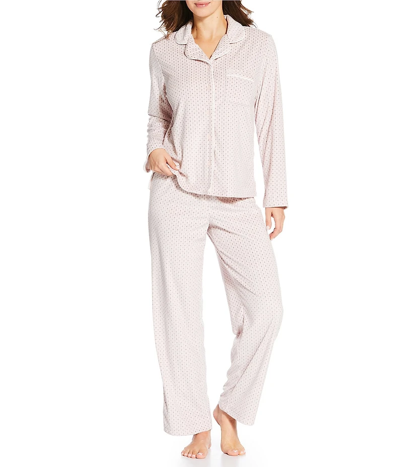 Cabernet Long Sleeve Notch Collar Long Fleece Dotted Print Pajama Set