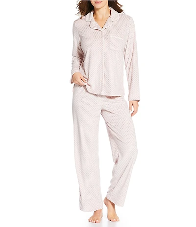 Cabernet Long Sleeve Notch Collar Long Fleece Dotted Print Pajama Set