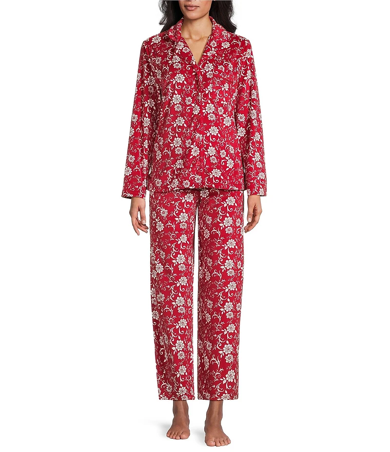 Cabernet Long Sleeve Notch Collar Long Fleece Floral Print Pajama Set