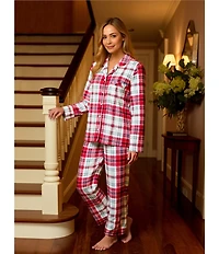 Cabernet Long Sleeve Notch Collar Long Fleece Plaid Print Pajama Set