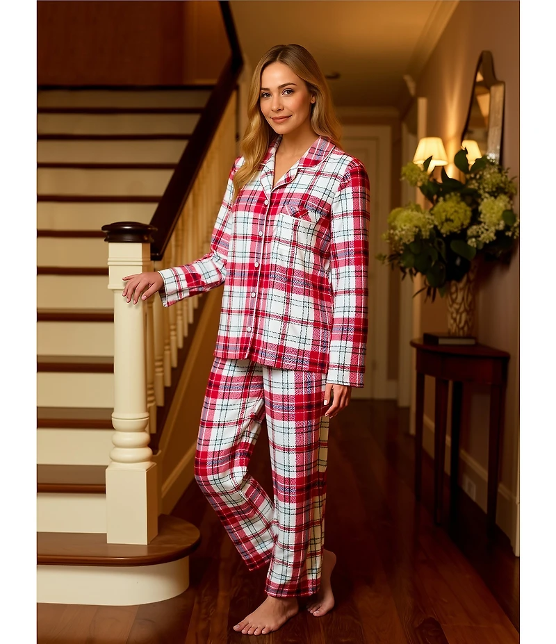 Cabernet Long Sleeve Notch Collar Long Fleece Plaid Print Pajama Set