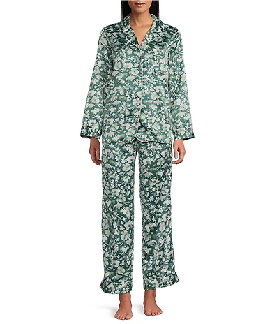 Cabernet Long Sleeve Notch Collar Satin Floral Print Long Pajama Set