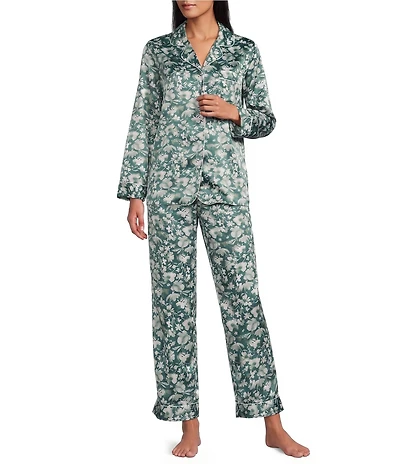 Cabernet Long Sleeve Notch Collar Satin Floral Print Long Pajama Set
