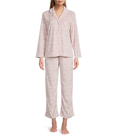 Cabernet Petite Size Long Sleeve Notch Collar Long Fleece Medallion Print Holiday Pajama Set