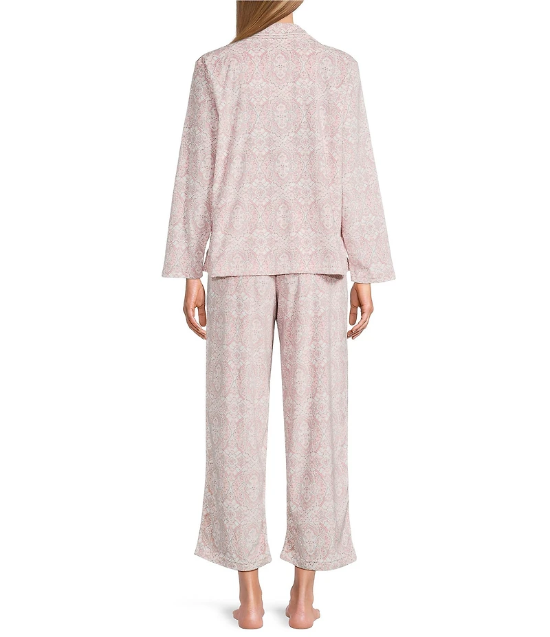 Cabernet Petite Size Long Sleeve Notch Collar Long Fleece Medallion Print Holiday Pajama Set