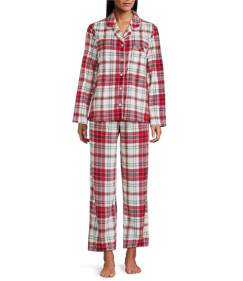 Cabernet Petite Size Long Sleeve Notch Collar Long Fleece Plaid Print Holiday Pajama Set