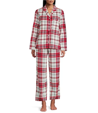 Cabernet Petite Size Long Sleeve Notch Collar Long Fleece Plaid Print Holiday Pajama Set