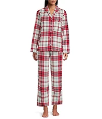 Cabernet Petite Size Long Sleeve Notch Collar Long Fleece Plaid Print Holiday Pajama Set