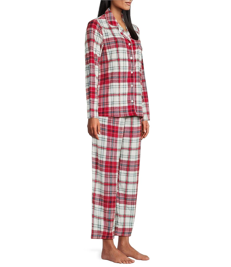 Cabernet Petite Size Long Sleeve Notch Collar Long Fleece Plaid Print Holiday Pajama Set