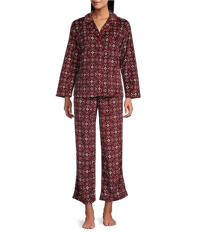 Cabernet Petite Size Long Sleeve Notch Collar Long Fleece Tile Print Holiday Pajama Set
