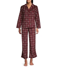 Cabernet Petite Size Long Sleeve Notch Collar Long Fleece Tile Print Holiday Pajama Set