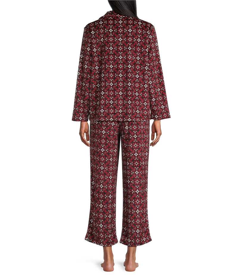Cabernet Petite Size Long Sleeve Notch Collar Long Fleece Tile Print Holiday Pajama Set