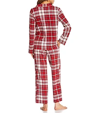Cabernet Plaid Print Long Sleeve Notch Collar Long Holiday Knit Pajama Set