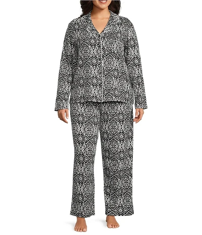 Cabernet Plus Size Medallion Print Long Sleeve Notch Collar Long Holiday Knit Pajama Set