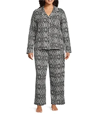Cabernet Plus Size Medallion Print Long Sleeve Notch Collar Long Holiday Knit Pajama Set